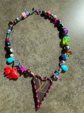 LV up cycled Colorful Beaded Necklace with Heart Pendant